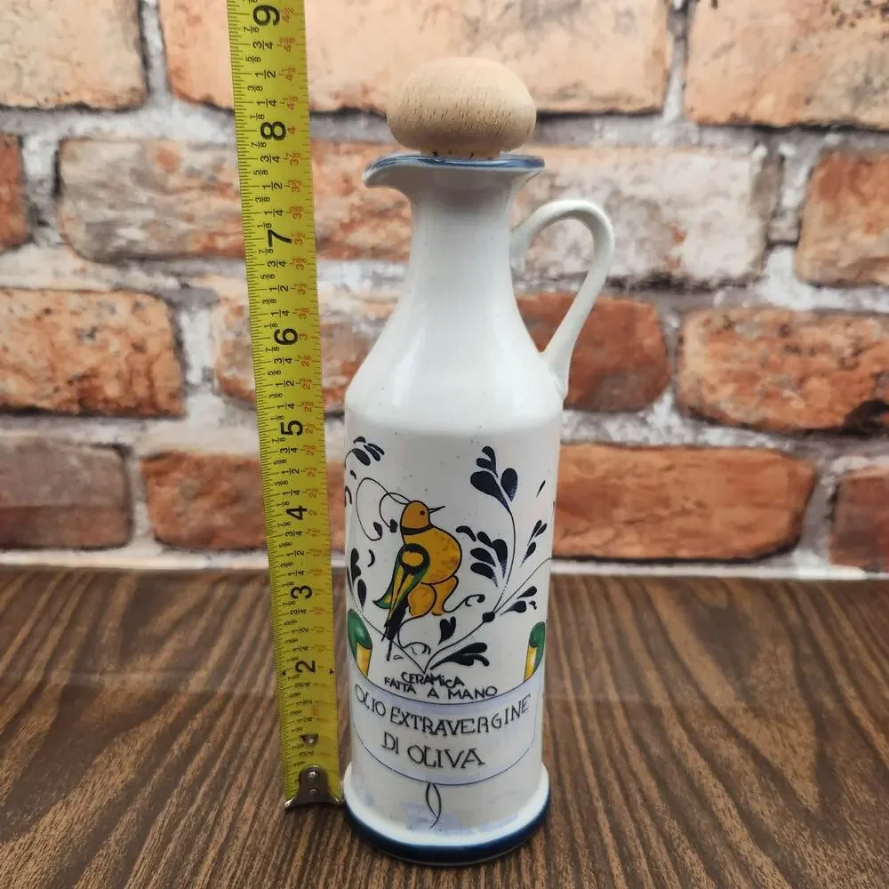 Hand Painted Italian Tuscany Olive Oil Cruet Bottle Cork Bird Pottery 8.5